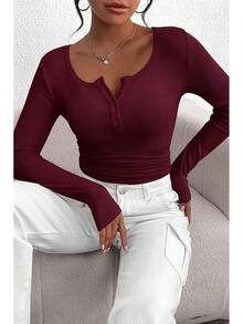 Women's 2025 Fall Long Sleeve Henley Shirts Button Ribbed Knit Casual Basic Tops Blouse - 酒紅色 - 查看 5