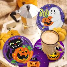 4 件万圣节杯垫，南瓜图案圆形杯垫，带橡胶底座，适用于饮料、咖啡、装饰、家庭、办公室、酒吧、节日或派对