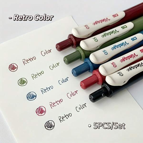Pack Of 5 Vintage Colorful Gel Pens 0.5mm Classic Colors Writing Pen Painting Marking Pressed Colored Pencil