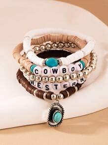 5 件套波西米亚西部牛仔帽吊坠手链，复古弹力手链，个性多层串珠手链（手工制作，珠子随机） - 款式3 - 查看 2