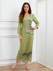 JINLICX Elegant Long Sleeve Square Neck Formal Dress, Suitable For Evening Gala, Party, Wedding - Green - View 1