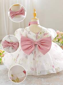 一件女婴蝴蝶印花薄纱连衣裙，宽肩带，适合一周岁生日派对、花童、婚礼等场合，不含头饰 - 彩色 - 查看 6