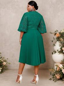 Lace Pleated Dresses Half Lantern Sleeves Hollow Out Elegant Midi Wedding Guest,Graduation Outfit - 墨綠色 - 查看 2