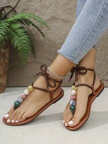 Yipa Colorful Bead Sandals For Teenagers, With Toe And Foot Clips, Summer Flat Bottom, Non Slip Soft Bottom, Fashionable And Versatile Strap, Cool Slippers Suitable For Beach Parties And Gatherings - Brown - View 6