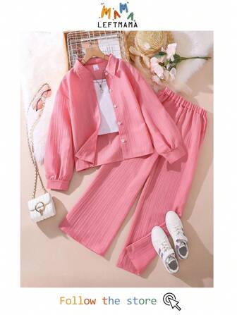 Left Mama Tween Girl New Arrival Casual Tvådelat set med nedfällbar krage Långärmad skjorta och långbyxor för hösten