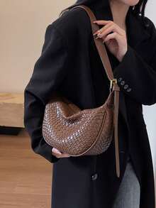 Túi đeo vai thời trang mới dành cho nữ, chất liệu da PU tối giản màu trơn, thích hợp cho các buổi hẹn hò, mua sắm, đa năng và thanh lịch - Cà phê - Xem 9