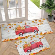 1/2 piezas Alfombra de piso de otoño y Acción de Gracias, hojas de arce amarillas clásicas y alfombras de suelo de cocina con estampado de camión rojo rellenas con calabaza, perfectas para uso en interiores/exteriores, familia, cocina, comedor, decoración de atmósfera de Accións