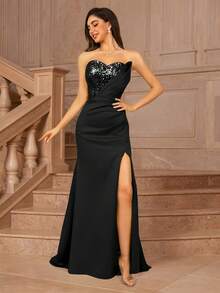 MOEVIO Đầm maxi dáng chữ A xếp ly xẻ cao, hở vai, đính sequin, thanh lịch dành cho nữ, thích hợp cho các buổi dạ tiệc, tiệc tối trang trọng, dự đám cưới, tiệc sinh nhật, các dịp trang trọng, mùa tựu trường, tiệc mùa thu xuân. - màu đen - Xem 1