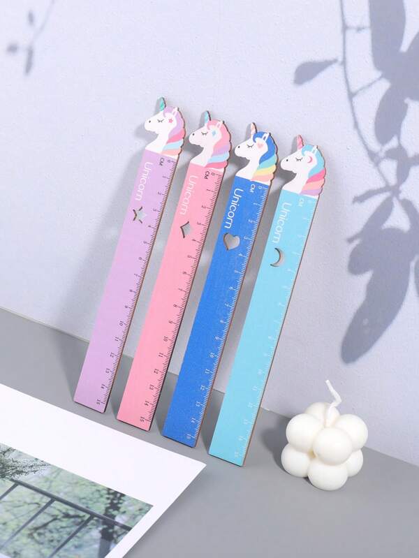 3 Pc Wooden Unicorn Ruler, Creative Heart Shape Star And Moon Pattern Hollow Design Style, School Exam Ruler & Arts & Crafts Painting Aid Ruler, Cute Stationery Ruler, Fashion School Supplies, Back To School Essentials - Gifts For Friends