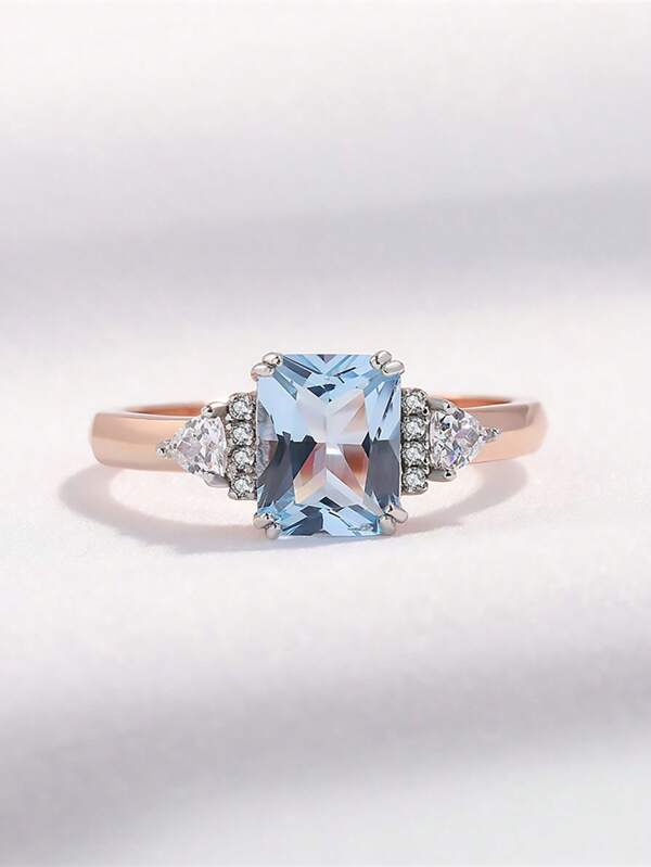 925 Sterling Silver Rose Gold Topaz Ring, Clear Blue Tone, Encounter Fresh Romantic, Suitable For Daily Wear, Dates, Parties And More Occasions