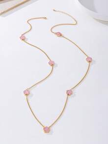 1 件时尚优雅的幸运粉红四叶草吊坠项链，女士长款毛衣链 - 粉色 - 查看 3