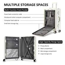 1pc Front Opening 20-Inch Carry-On Luggage With USB Port & Cup Holder & Phone Holder, Versatile Aluminum Framed Carry On Suitcase With Spinner Wheels And Laptop Compartment Pocket, High-Value Durable Hardside Luggage, Password Lock Trolley Case - 深灰色 - 查看 4