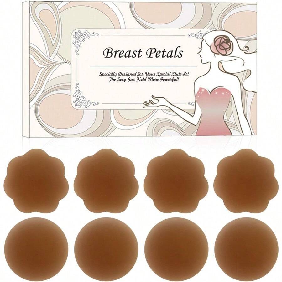 QY MUQU Cakes Nipple Covers Breast No Show Pasties Reusable Women Sticky Seamless Silicone Breast Covers 4 Pairs Petals 8380 - 拿鐵(4花+4圓) - 查看 1