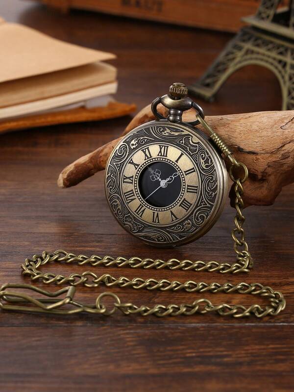 Vintage Classic Floral Pattern Necklace With Roman Numeral Pocket Watch