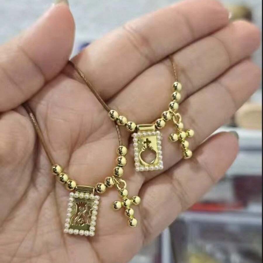 1pc Dainty Sacred Heart Scapular Necklace Gold Plated Double Tiny Pearl Rectangle Charm Bead Chain Necklace Religious Gift