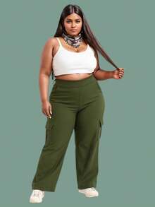 Wide Leg Cargo Plus Size Tailored Pants Women's High Waist, Women's Wide Leg Formal Pants Plus Size Wide Leg Cargo Tailored Premium Plus Size High Waist Formal Plus Size High Waist Casual Fashion Work Evening Large Sizes 46 To 56 - 軍綠色 - 查看 4