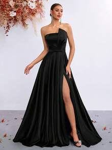 Elisanya Vestido de gala para fiesta con espalda descubierta y cintura fruncida con lazo - Negro - Ver 8