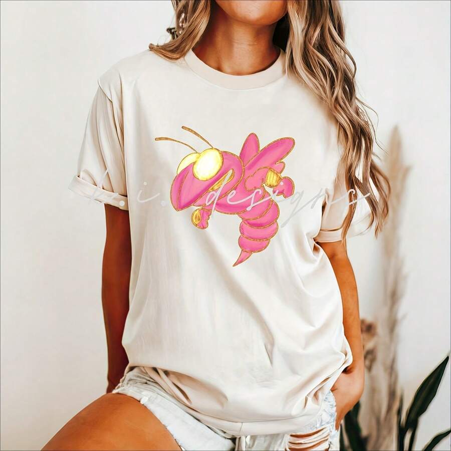 Mascotte, Mascotte D'école, Mascotte BCBG, Mascotte De Frelon, Mascotte Rose, Frelon Rose, Mascotte Dorée, Frelon Doré,, Téléchargement Numérique, DTF220G Heavyweight 100% Cotton T-Shirt. With Butterfly Print Pattern, Suitable For Girls And Wo's Short Sved Round Neck Inspirational Shirt, Cute Aesthetic Y2K Style Summer Top, Suitable For Outdoor, Family, Work Or Street Wear Casual Loose Daily T-Shirt - 白色 - 查看 1