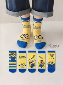 Minions 5 Pairs Of Minions Children's Mid Length Socks, Solid Color, Simple And Fashionable, Personalized And Fashionable, Skin Friendly And Breathable, Soft And Comfortable, Classic And Versatile. Suitable For Daily Life, Back To School, Back To School Season, Campus, Sports, Holiday Gifts