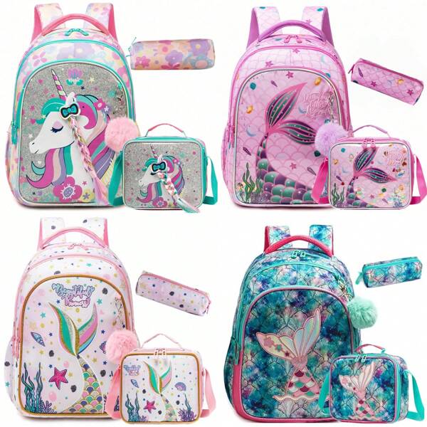 3 pièces Sacs d'école pour filles, sacs à dos pour élèves d'école élémentaire, ensemble mignon de sacs à dos pour enfants avec sac à déjeuner