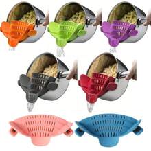 Colador de pasta con olla de silicona lateral, 1 pieza Adjustable Clip de Silicone en colador de cocina, utensilios de cocción esenciales para el hogar, accesorios de la cocina y utensilios, herramientas de cocinar, artículos esenciales de dormitorio, novio, cocina