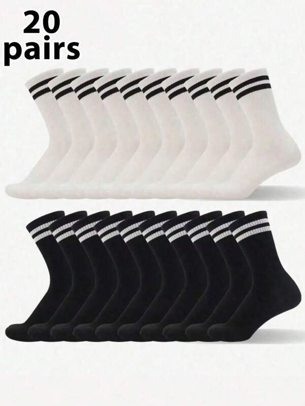 5/10/15/20/30 Paar gestreifte Socken bis zur Mitte des Waden, Crew Socken, bequem und atmungsaktiv, lange Socken für Herren und Damen, weiße Socken geeignet für den Alltag, Sport