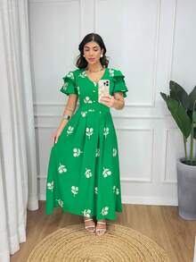 Midi Dress Fabric Tulle Embroidered Lining Princess Sleeve Floral Leaf Cut And Sew Fabric Layered Buttons On Front Pleated Women's Long Dress Striped Formal And Evening Spring/Summer - 橄欖綠 - 查看 3