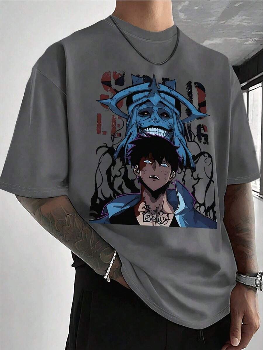 Solo Leveling Anime Graphic T Shirt 220g Heavyweight 100% Cotto - Xám - Xem 1