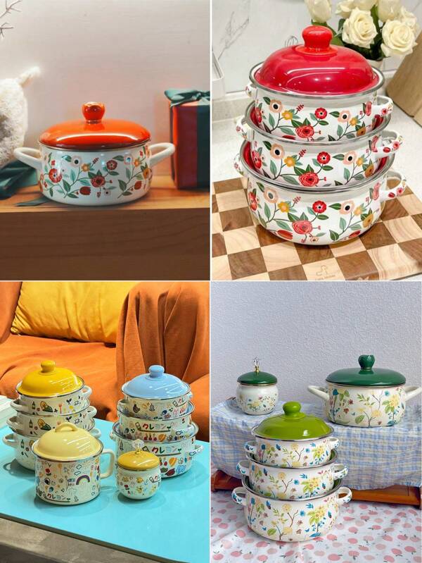 1 set de utensilios de cocina esmaltados, ollas cubiertas de 16/18/20cm con asas, taza de 1,4L y bote de 400ML, diseño floral retro, Thick y versátil, alto valor estético, Set de vajilla de almacenamiento de la cocina del hogar, vajilla única para fiestas, campamentos al aire libre, regalo para amigos y familiares