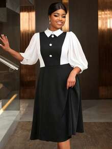 加大码 A 字裙 黑白拼色 灯笼袖 纽扣 彼得潘领