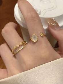 2pcs Minimalist Fashionable Elegant Daily Versatile High-End Copper Alloy Zirconia Inlaid Ring Set - Gold - View 3