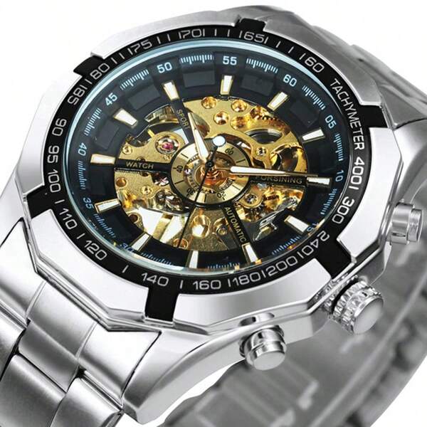 FORSINING 1pc Classic Skeleton Automatic Mechanical Watch For Men Luminous Hands Gold Stainless Steel Strap Business Casual Men Watches Top Brand Luxury Wristwatches Gifts