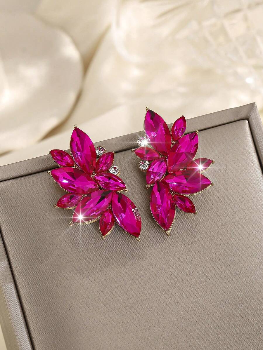 1 Pair Bohemian Alloy Rhinestone Inlaid Fashion Versatile High-End Luxury Exaggerated Earrings For Women - Hot Pink - View 1