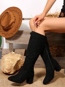 FVPFVP Inspired Patent Leather Square Toe Tall Boots, Slim Fit Chunky Heel Riding Boots For Women, Autumn/Winter,Western Style,Black Boots - Black - View 3