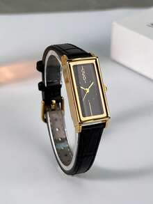 1 szt. damski zegarek w minimalistycznym stylu vintage, elegancka prostokątna tarcza, modne złote wskazówki, swobodny i szykowny damski zegarek na rękę, wodoodporny, luksusowy kwarc, odpowiedni do szkoły, na imprezę, do pracy, w podróży i na co dzień - Czarne - Zobacz 3