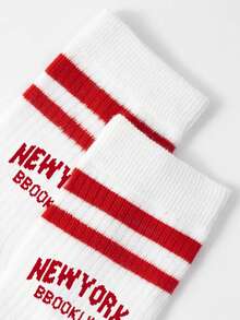 1pr Children's Double-Bar Letter Design Athletic Mid-Calf Socks, Casual Wear - Multicolor - View 5