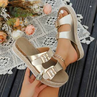 Versatile Women's Thick Sole Sandals, Gold Sandals, Solid Color Shoes, Sandals With Belt Buckle Decor, Silver Elegant Slippers, Outdoor Slippers, Holiday Slippers