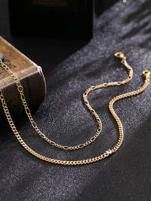 Nooxian 2 件套夏季度假简约性感海滩风格多层链条搭配闪亮圆形方晶锆石多层脚链，独特原创金色脚饰，适合女性