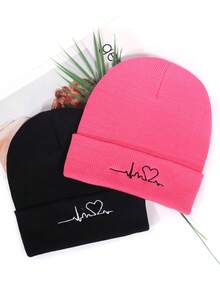 2pcs ECG Embroidered Knit Beanies, Suitable For Everyday Wear - Pink Black - View 7