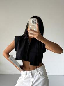 黑色时尚基本款纯色休闲前扣设计无袖短款衬衫 - 黑色 - 查看 3