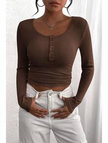 Women's 2026 Fall Long Sleeve Henley T Shirts Button Ribbed Knit Slim Fit Basic Tops Blouse Casual Outfits/Vacation Outfits Women/Valentine Outfits For Women - 咖啡 - 查看 5