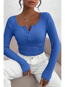 Women's 2026 Fall Long Sleeve Henley T Shirts Button Ribbed Knit Slim Fit Basic Tops Blouse Casual Outfits/Vacation Outfits Women/Valentine Outfits For Women - 寶藍色 - 查看 6