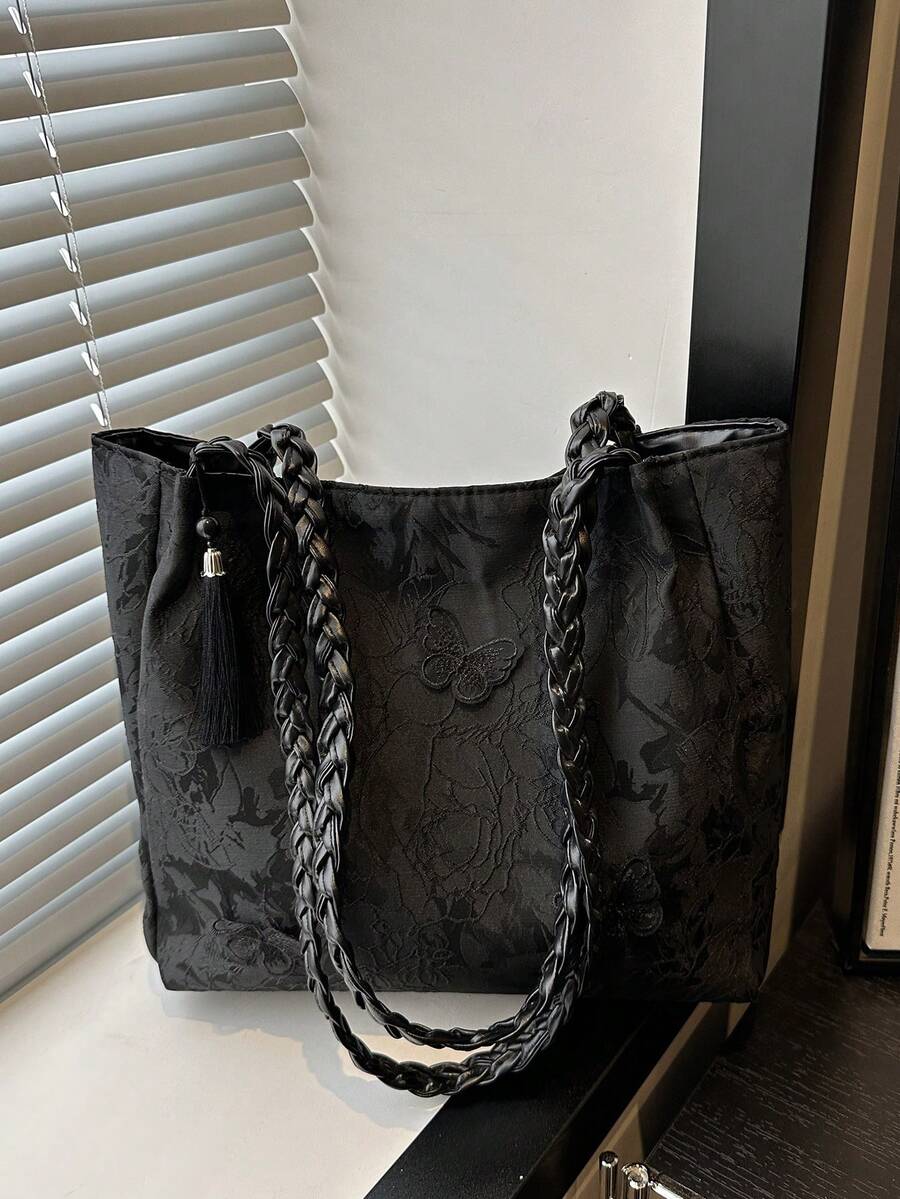 1pc Women's Fashion Commuter Large Capacity Printed Tote Bag, Suitable For Beach, Travel, Minimalist, Lightweight, Unique Woven Strap, Elegant Ribbon, Foldable - Black - View 1