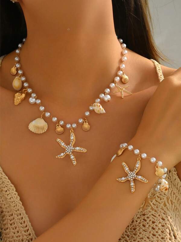 1pc Luxury European & American Ocean Style Pearl Jewelry Set, Metal Pearl, Seashell, Scallop Pendant Anklet, Necklace, Bracelet