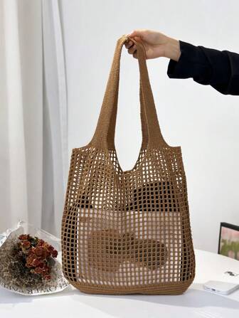 休闲大容量编织包镂空设计针织单肩包假日海滩购物手提包女士旅行女钩针手提包镂空沙滩包大容量时尚针织包纯色简约购物袋旅行度假