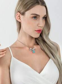 Dissoo 1 件经典优雅蝴蝶结浅蓝色锆石吊坠项链，925 银镀铂金，适合女士，配有礼品盒，适合婚礼、派对、海滩、节日、毕业典礼、伴侣礼物等场合