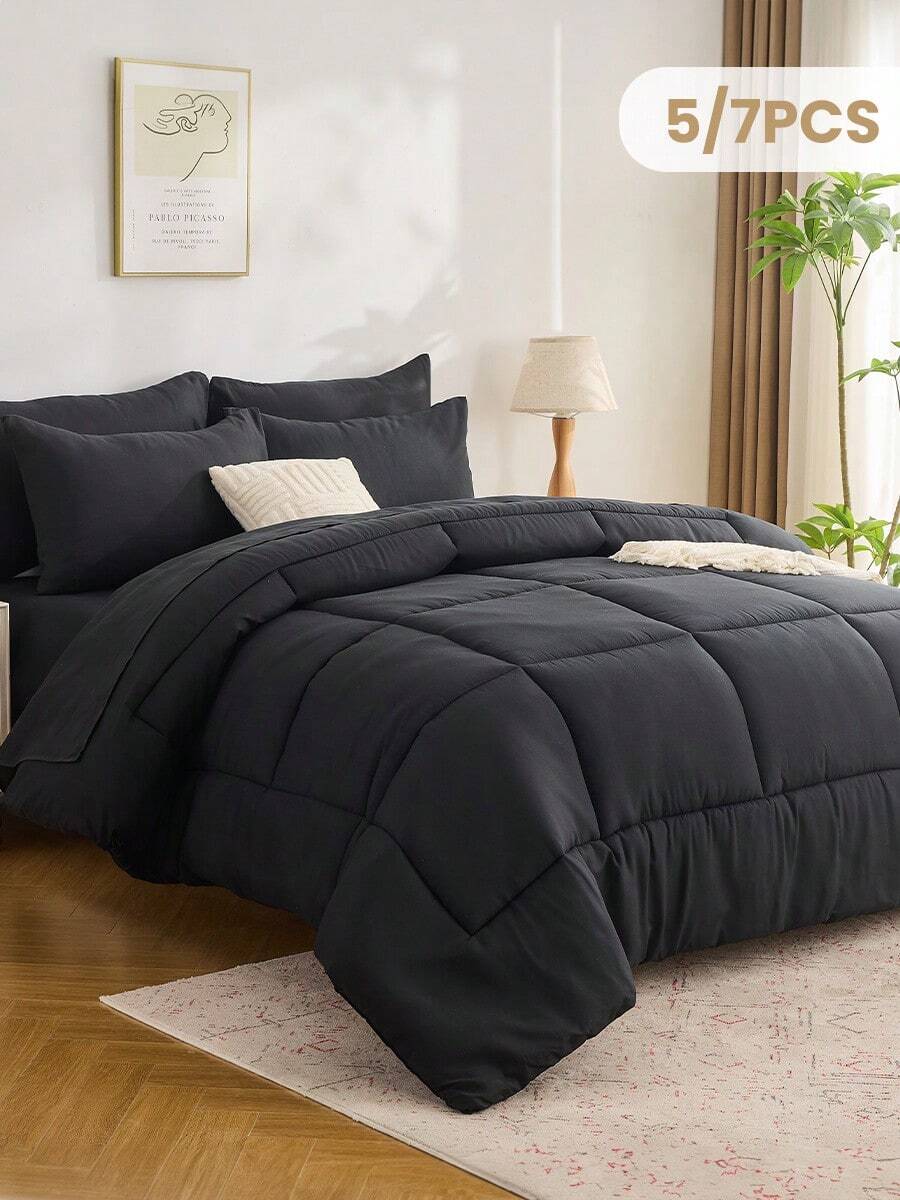5/7pcs Comforter Set, Bedding, Cozy And Warm Bedding, Solid Color, Easy Care And Comfortable, Breathable Bed Set, For Twin, Full, King, Queen Bed Sizes, Suitable For Bedroom, Mothers Day Decor, Guest Room, Dormitory, All Seasons, Mothers Day Gift, Machine Washable, 1 Comforter, 1 Flat Sheet, 1 Fitted Sheet And 2/4 Pcs Pillowcases - 黑色 - 查看 1