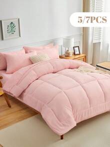 5/7pcs Comforter Set, Bedding, Solid Color Bedding Set, Cozy And Warm Bedding, Easy Care And Comfortable, Breathable Bed Set, Halloween Gift, For Twin, Full, King, Queen Bed Sizes, Suitable For Bedroom, Guest Room, Dormitory, All Seasons, Machine Washable - 粉色 - 查看 1