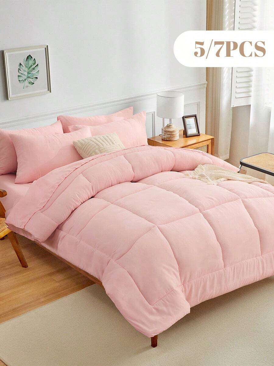 5/7pcs Comforter Set, Bedding, Solid Color Bedding Set, Cozy And Warm Bedding, Easy Care And Comfortable, Breathable Bed Set, Halloween Gift, For Twin, Full, King, Queen Bed Sizes, Suitable For Bedroom, Guest Room, Dormitory, All Seasons, Machine Washable - 粉色 - 查看 1
