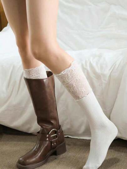 1 Pair Lace Over The Knee Socks: Women's Stockings And Sock Boots - Polyester Blend, Lace Trim, Hand Washable 2pcs/4pcs/6pcs